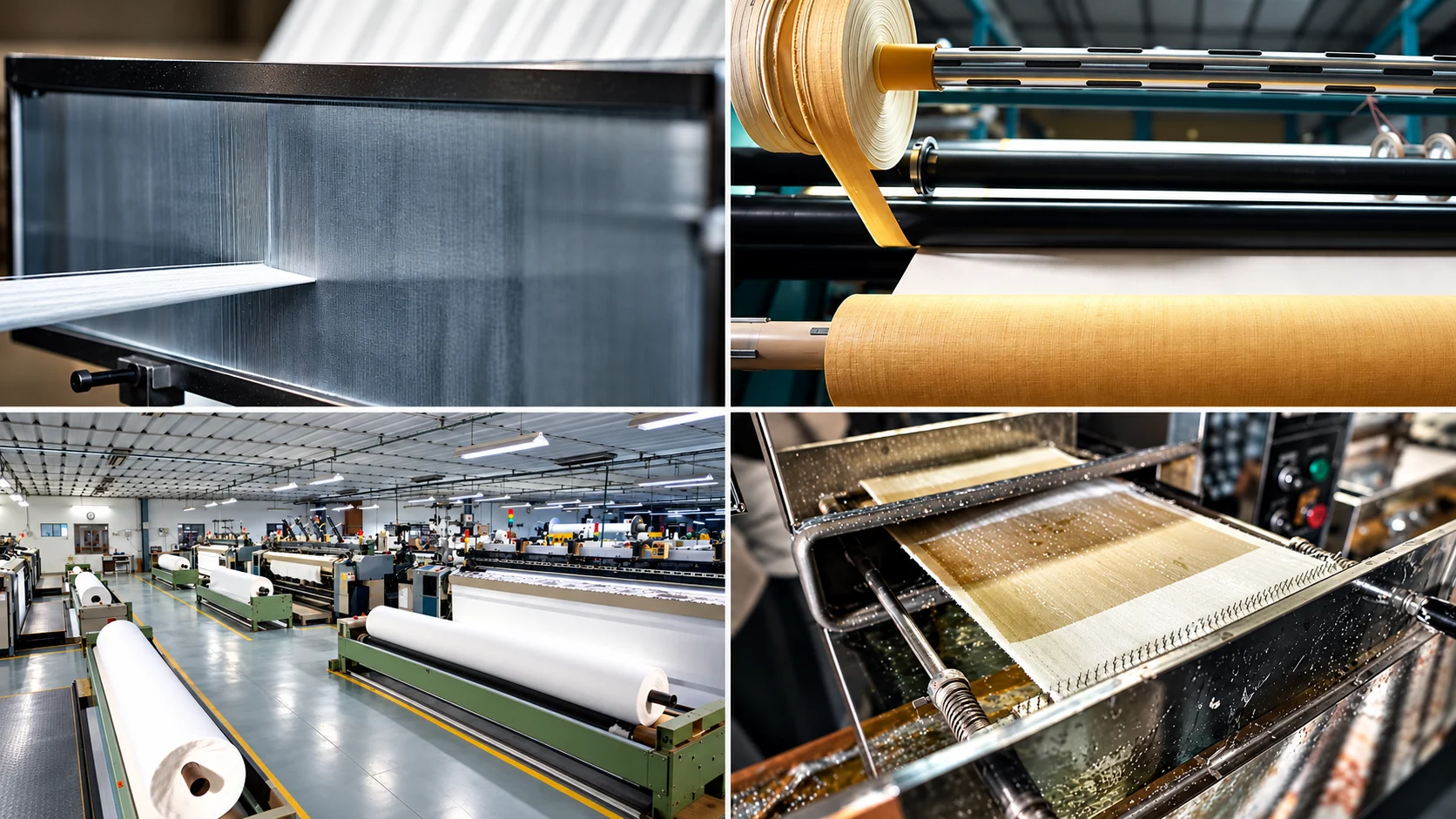 Four-panel grid showing textile weaving, rolling, factory and coating processes