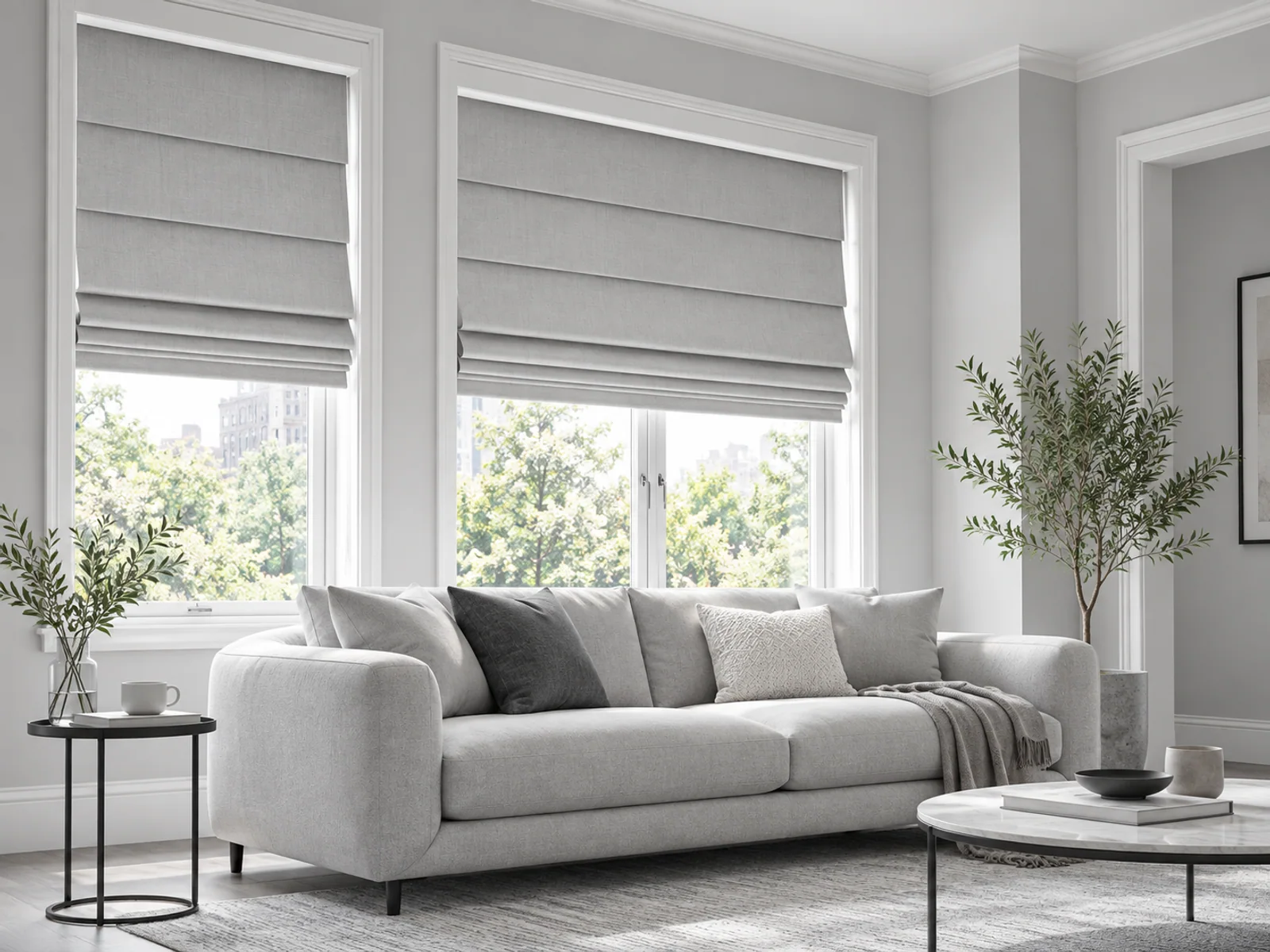 Soft gray Roman blinds in a serene Scandinavian living room