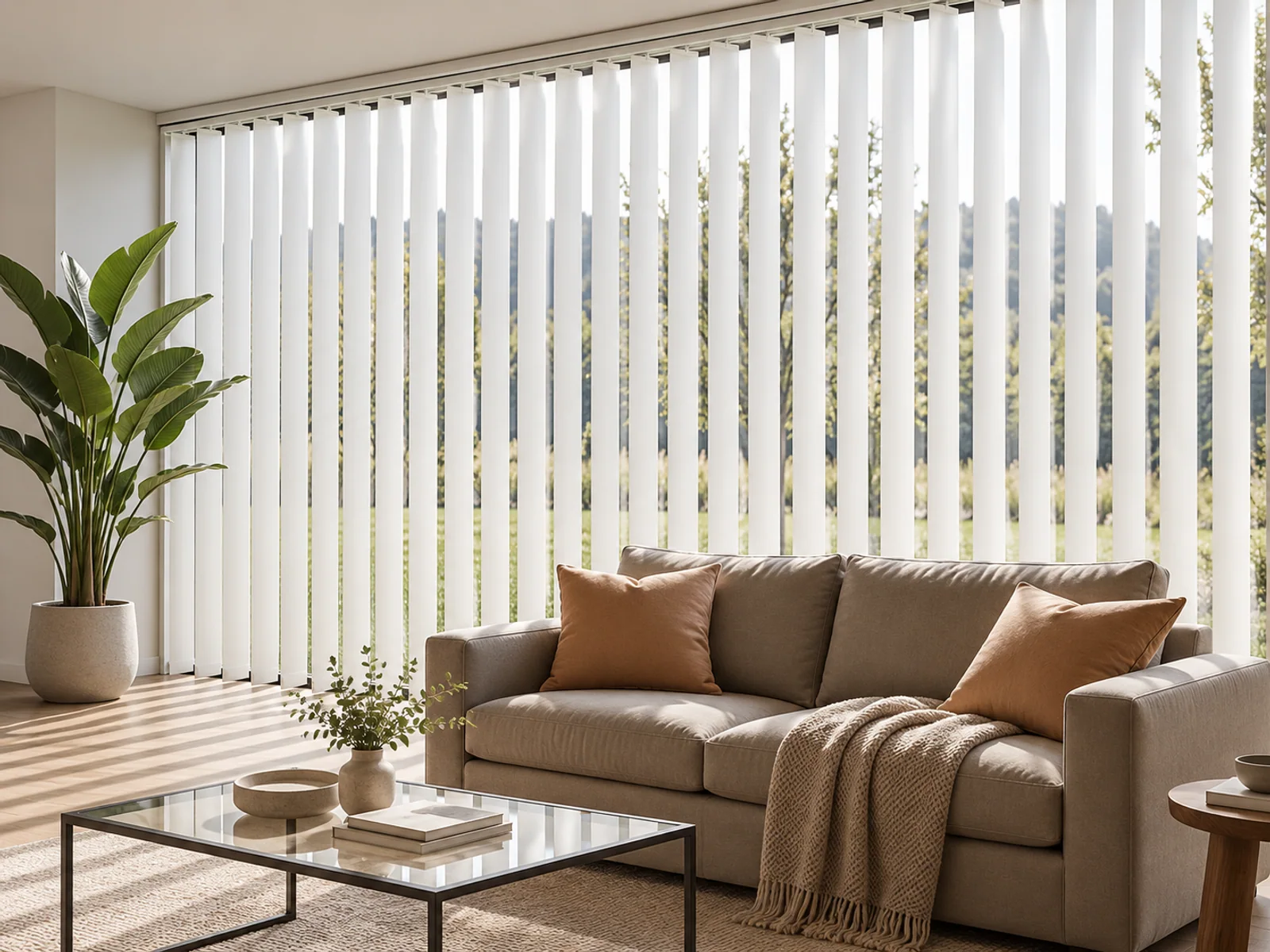 White vertical blinds filtering sunlight in a minimal living room