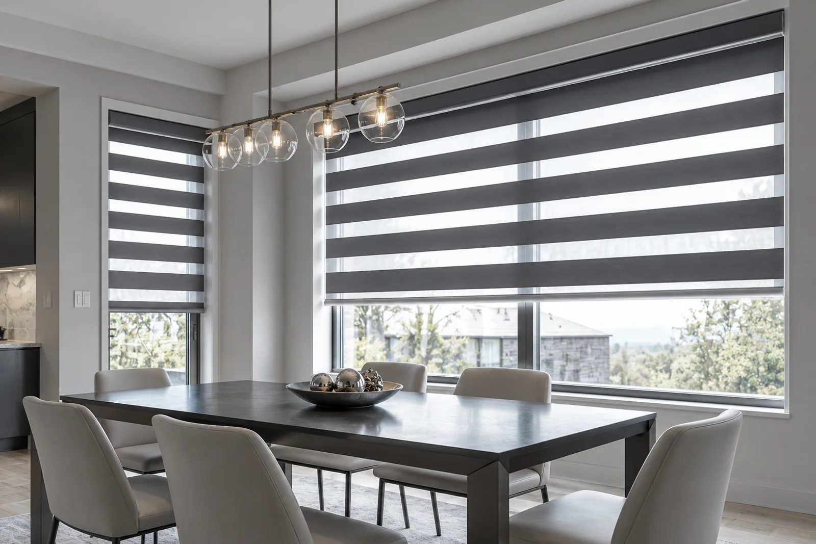 Charcoal striped zebra blinds in a modern dining room