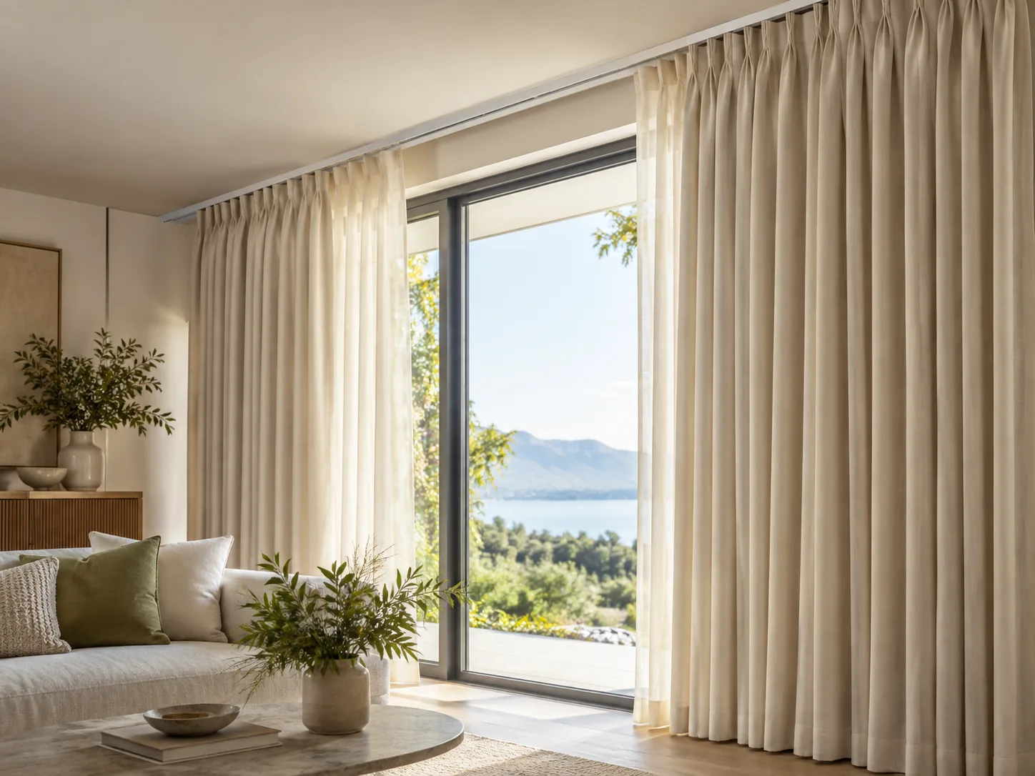 Layered full-height curtains framing a bright contemporary living room