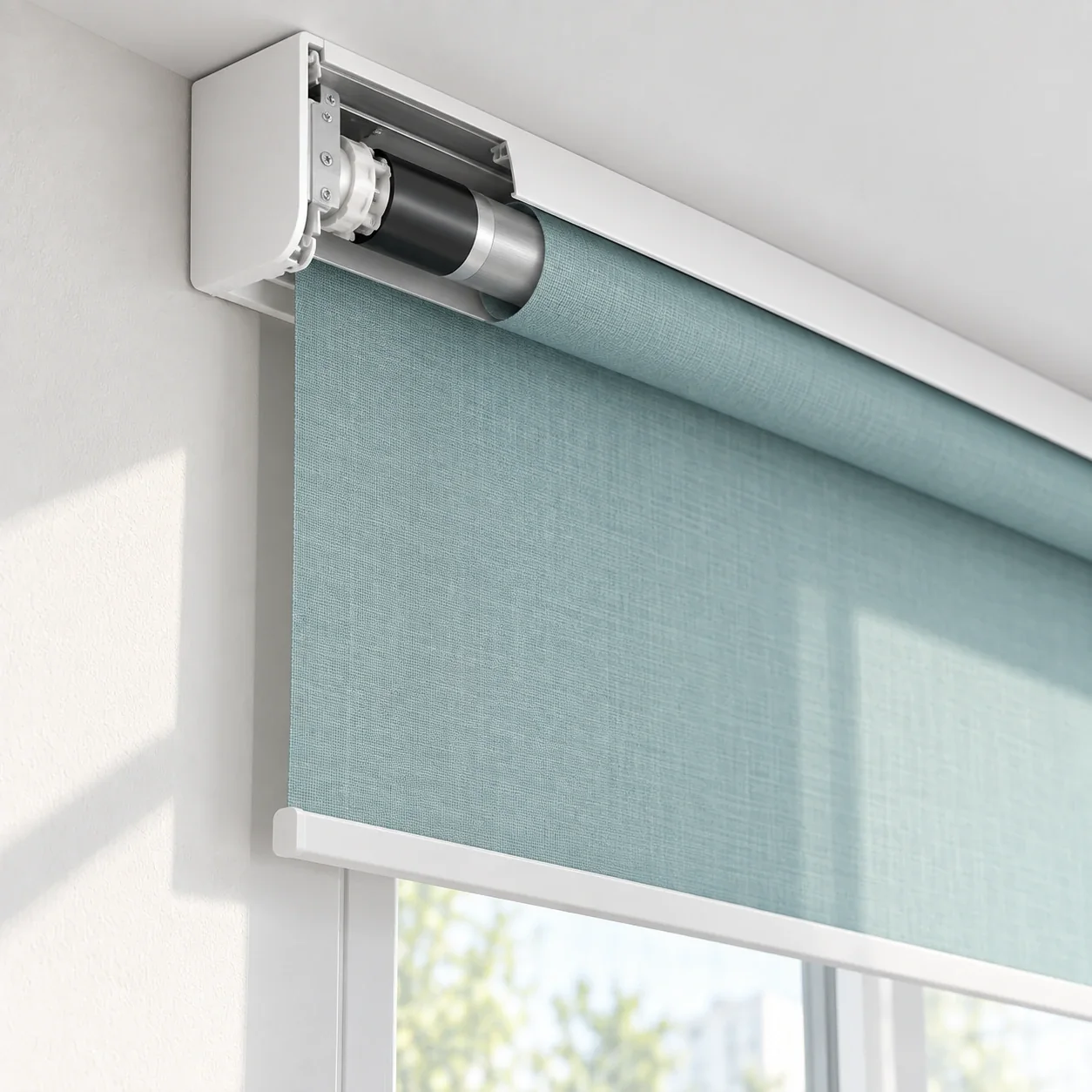 Roller blind motor cassette at the headrail